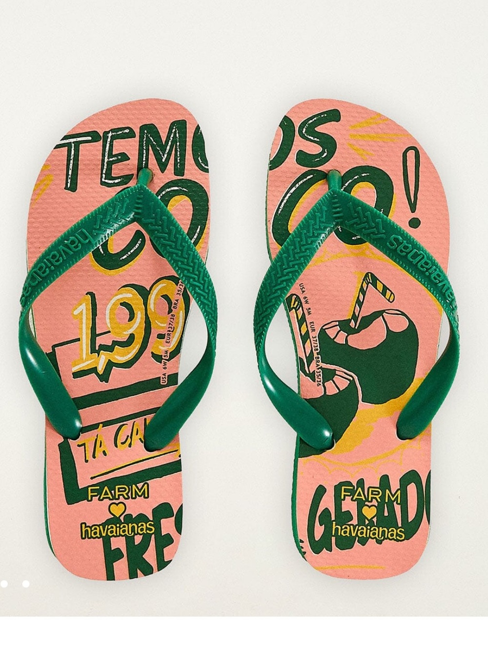 FARM Rio x Havaianas “Temos Coco” Tropical Flip Flop Sandals- Pink & Green 7/8